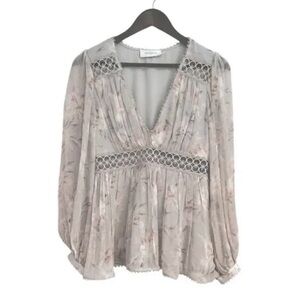 Zimmermann Iris Floral Eyelet Silk        Gray Floral Blouse